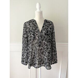 Gap Black & Cream Print Popover Blouse Semi Sheer L